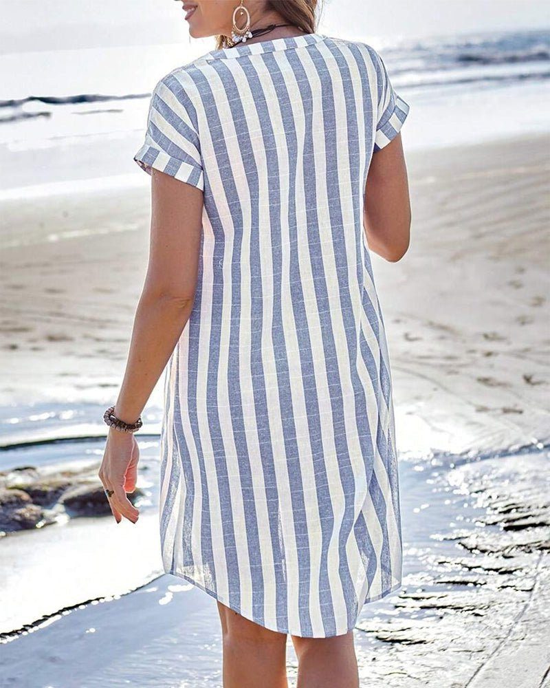 Relaxed fit knee-length striped button-up shirt dress for women, featuring short sleeves and a stylish collar.