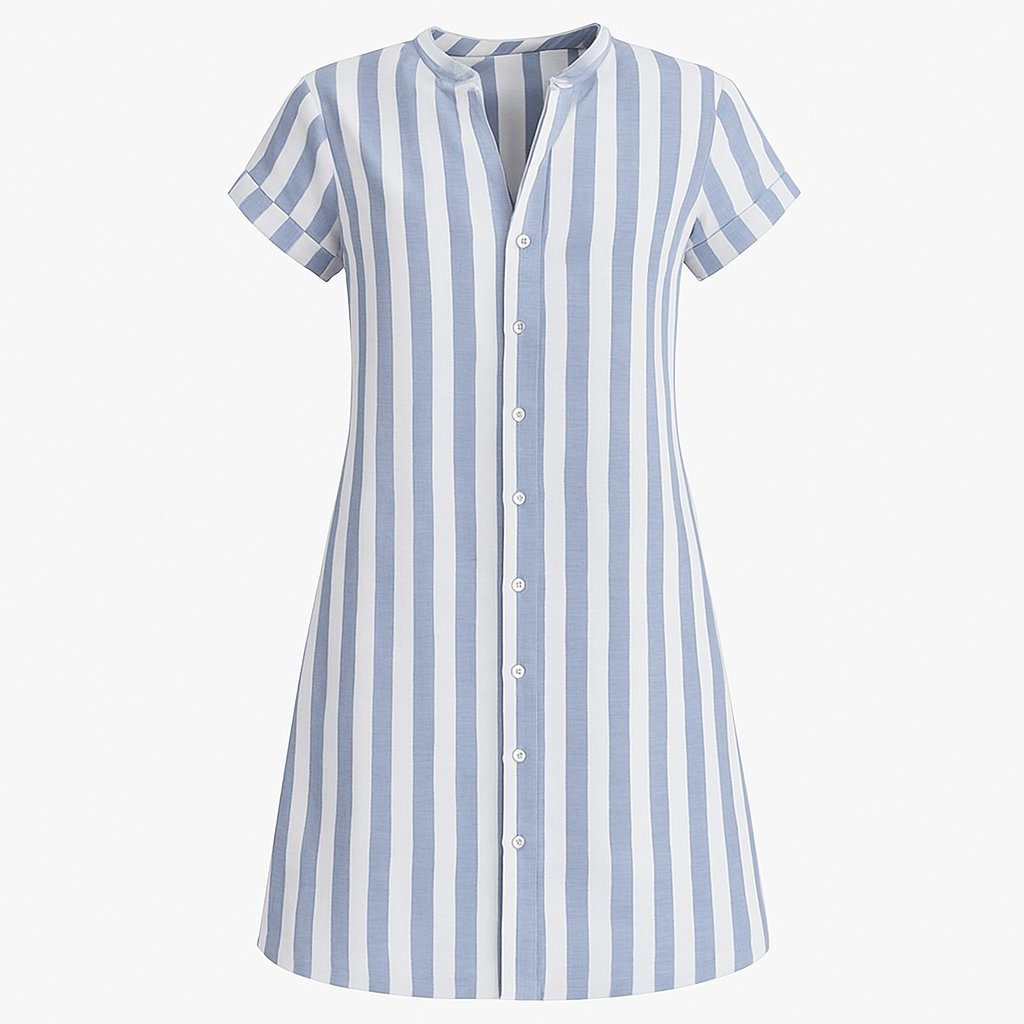 Stylish women's short-sleeve striped shirt dress with full button-up front, knee-length, versatile for summer fashion.