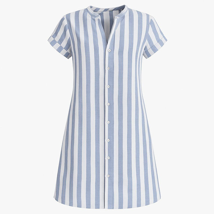 Stylish women's short-sleeve striped shirt dress with full button-up front, knee-length, versatile for summer fashion.
