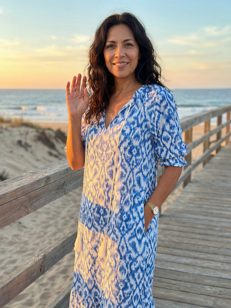 Relaxed fit women's coastal midi dress, blue geometric pattern, short sleeves, V-neck, ideal for everyday summer.