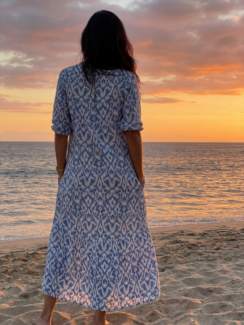 Chic women's blue geometric coastal midi dress, short sleeves, V-neck, relaxed fit for summer beach or everyday.