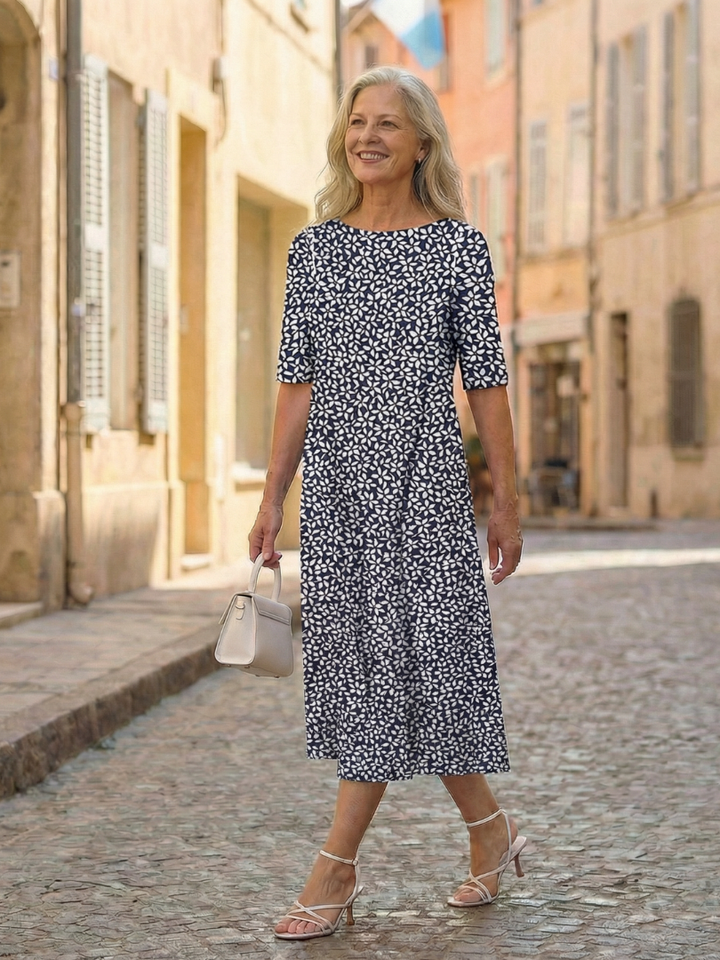 Women's blue coastal pattern midi dress with three-quarter sleeves, perfect for summer casual everyday wear.