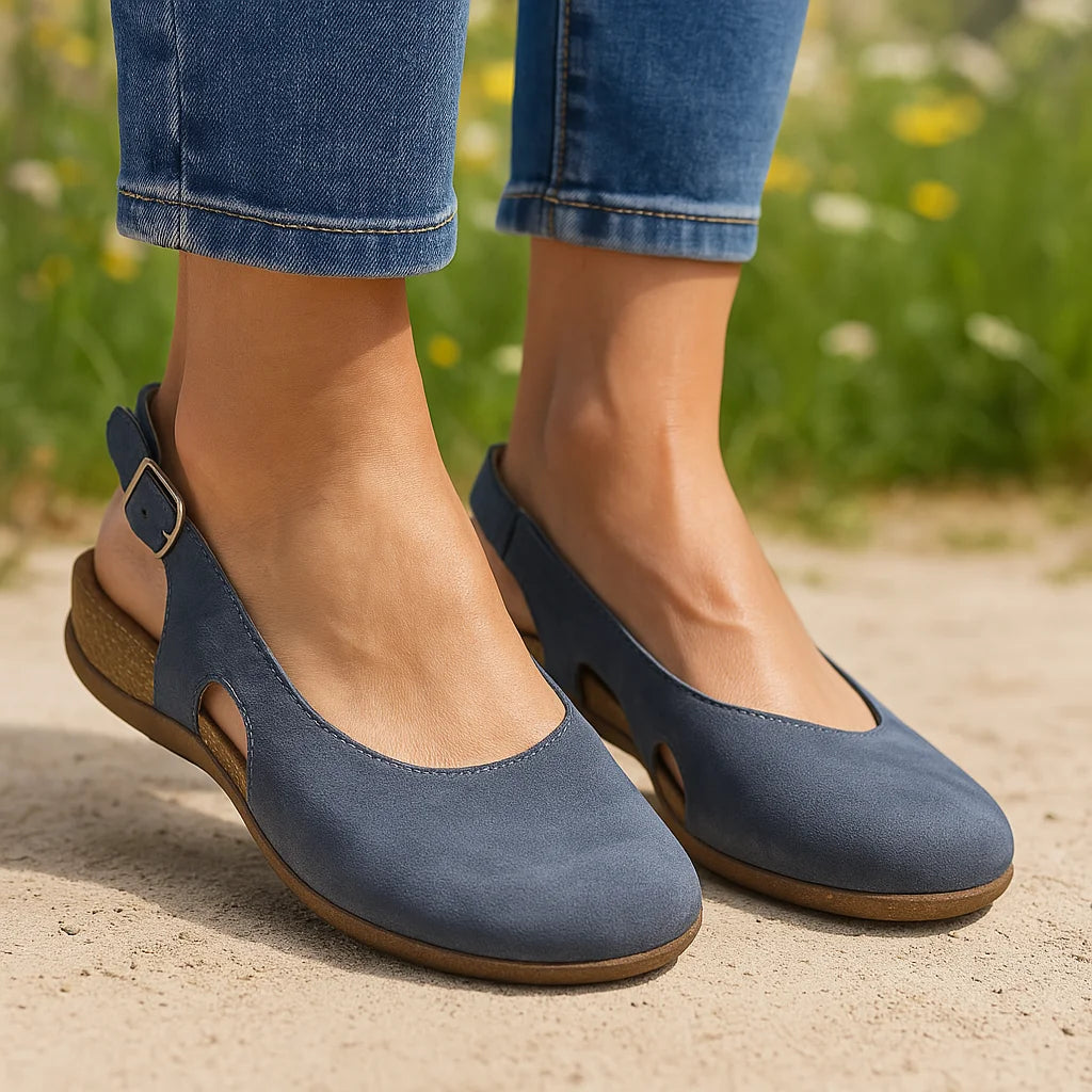 Women's blue comfort closed-toe slingback sandals for everyday wear with foot support.