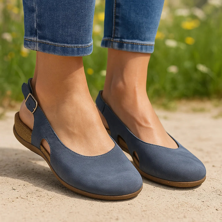 Women's blue comfort closed-toe slingback sandals for everyday wear with foot support.