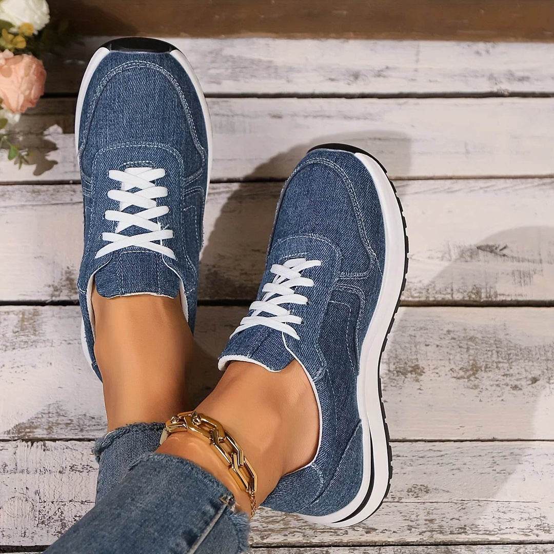 Comfortable women's orthopedic denim sneakers with arch support for pain relief & casual walking footwear.