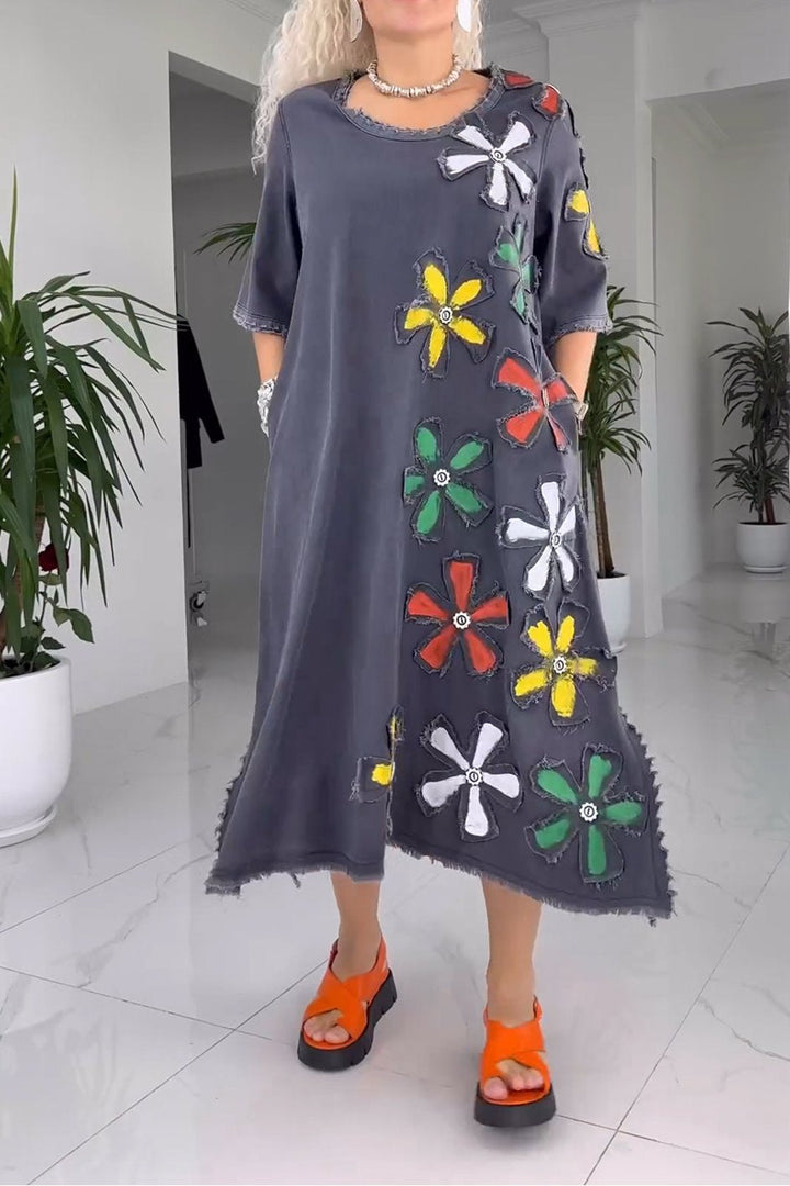 Versatile women's floral denim maxi dress, offering elegant style for spring, summer, and special occasions.