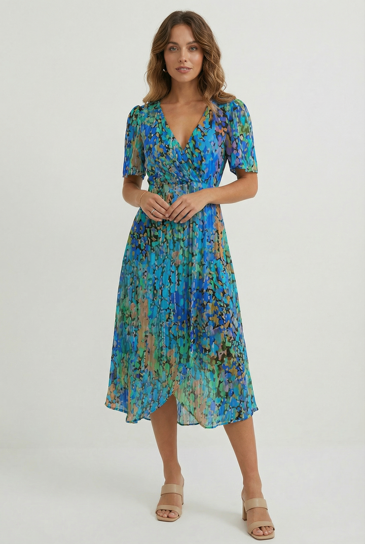 Women's blue floral linen midi dress with elegant fit for summer comfort.