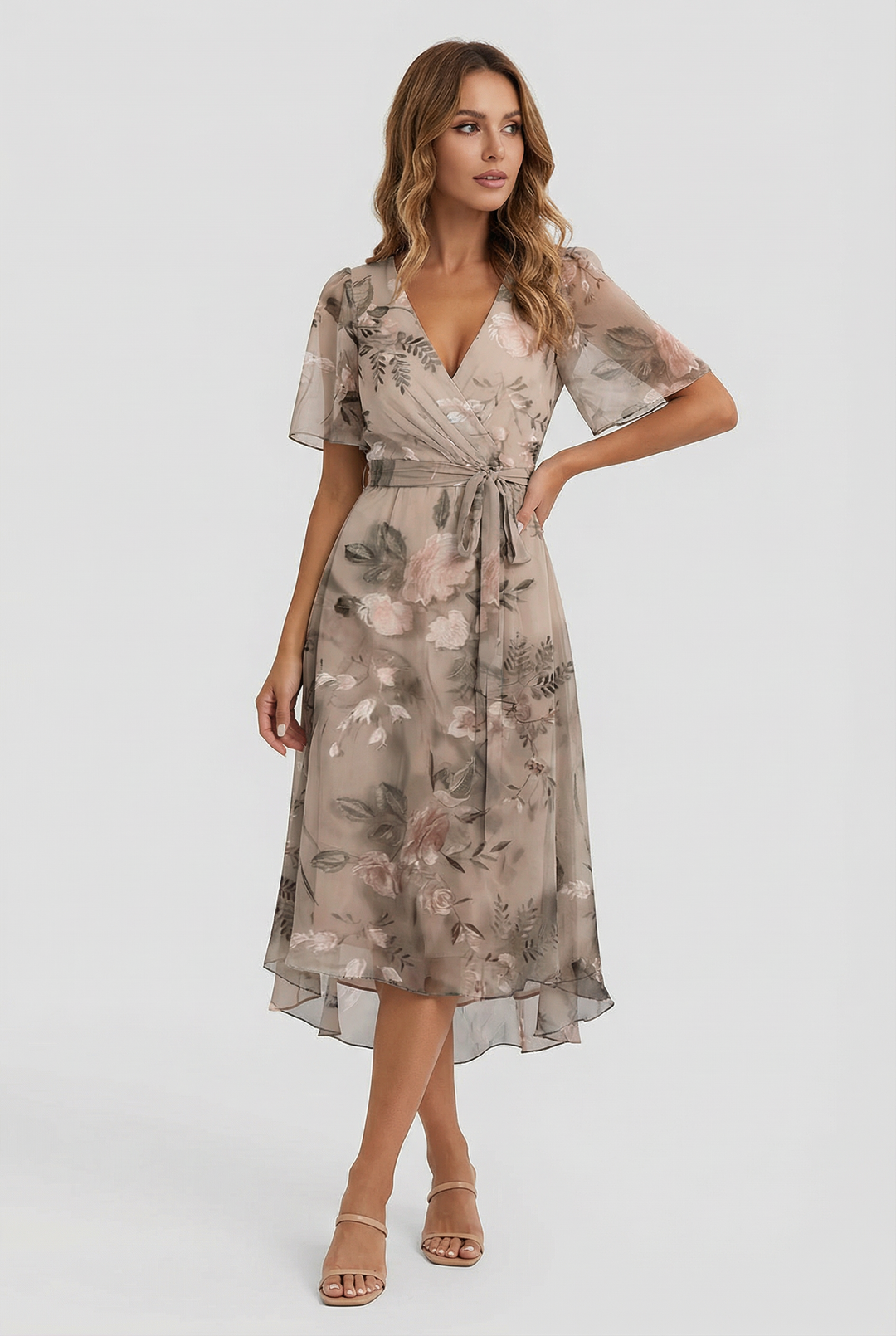 Casual yet elegant women's floral midi dress, designed for all-day comfort.