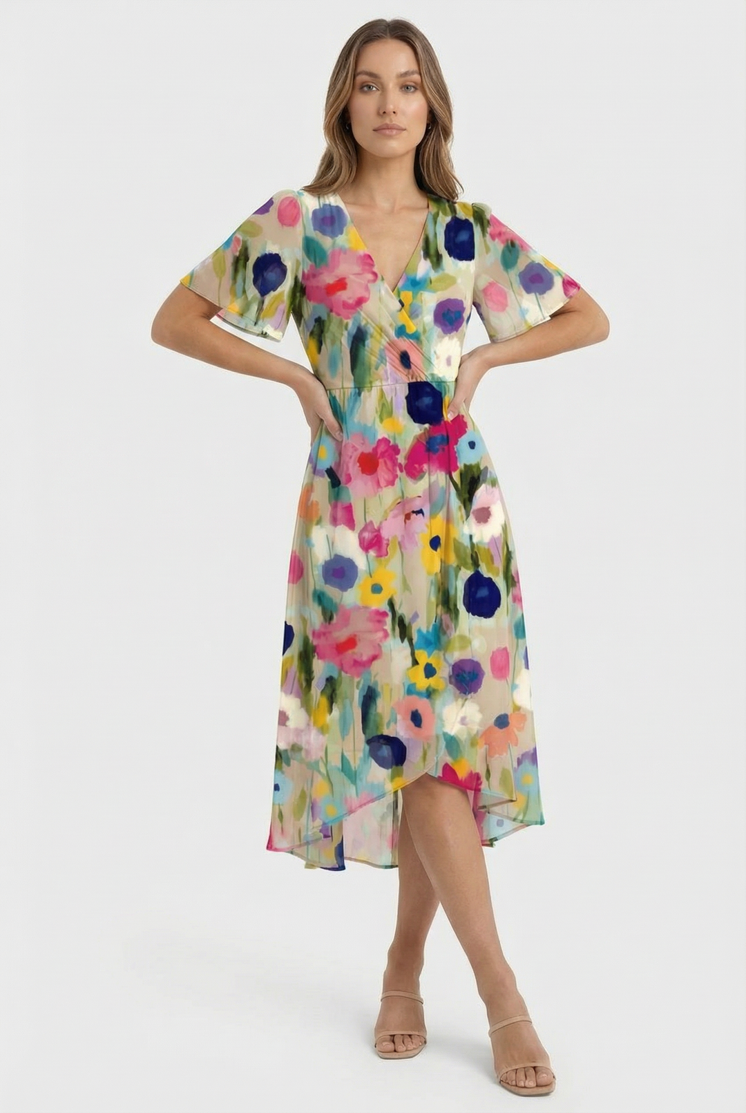 Comfortable women's floral midi dress in breathable linen, ideal for summer.