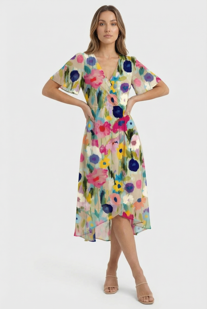 Comfortable women's floral midi dress in breathable linen, ideal for summer.