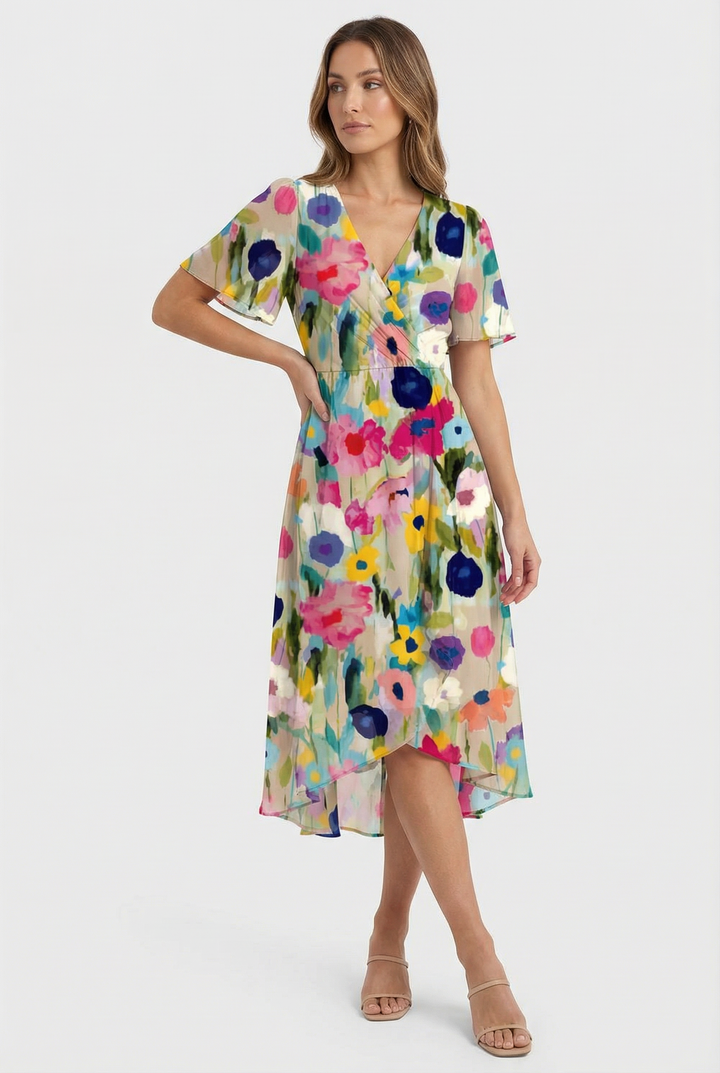 Stylish blue midi dress with a flattering floral pattern, women's fashion.