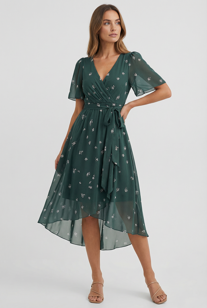 Green floral linen midi dress for women, showcasing an elegant and comfortable design.