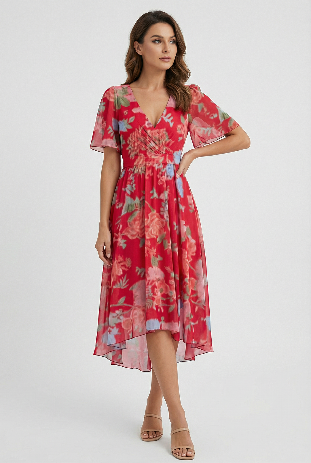 Red floral midi dress for women, a chic and comfortable choice for any event.