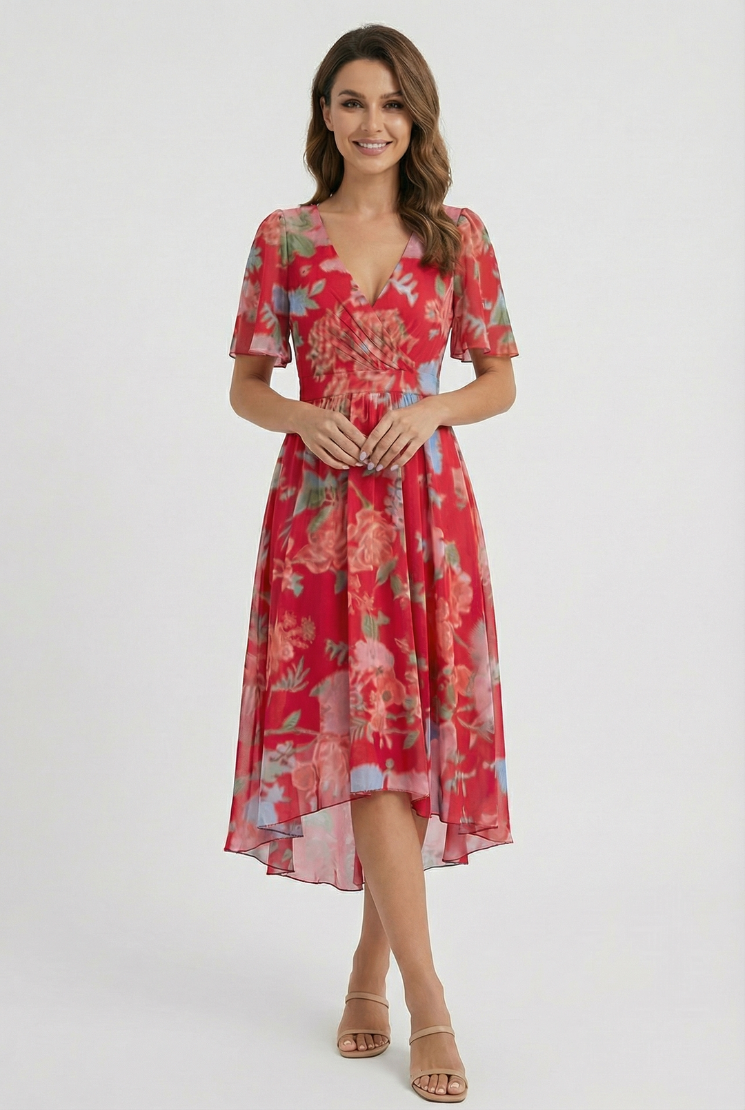 Women's day to night midi dress featuring a beautiful blue floral print.