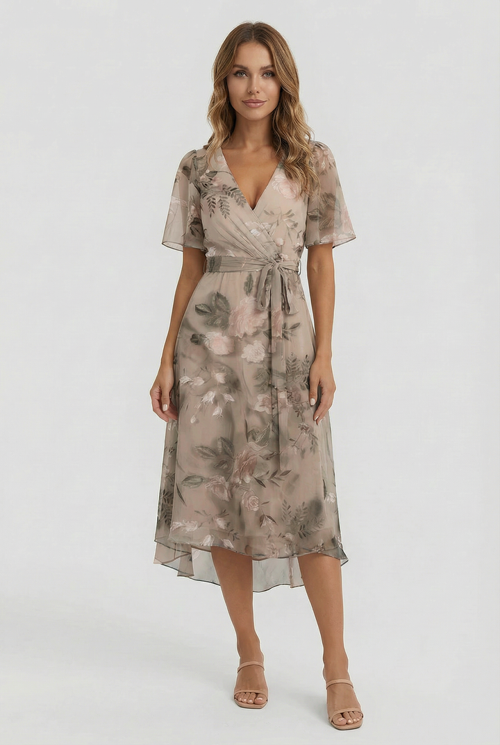 Lightweight and elegant floral linen midi dress for women's summer wardrobe.