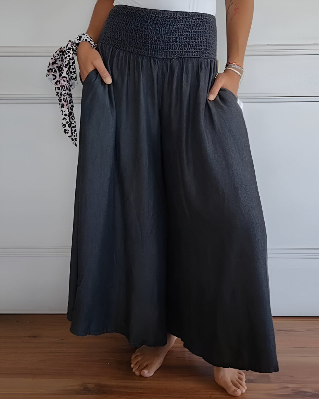 Stylish women's maxi skirt with wide smocked waistband for comfort & flattering fit. Versatile casual summer skirt.