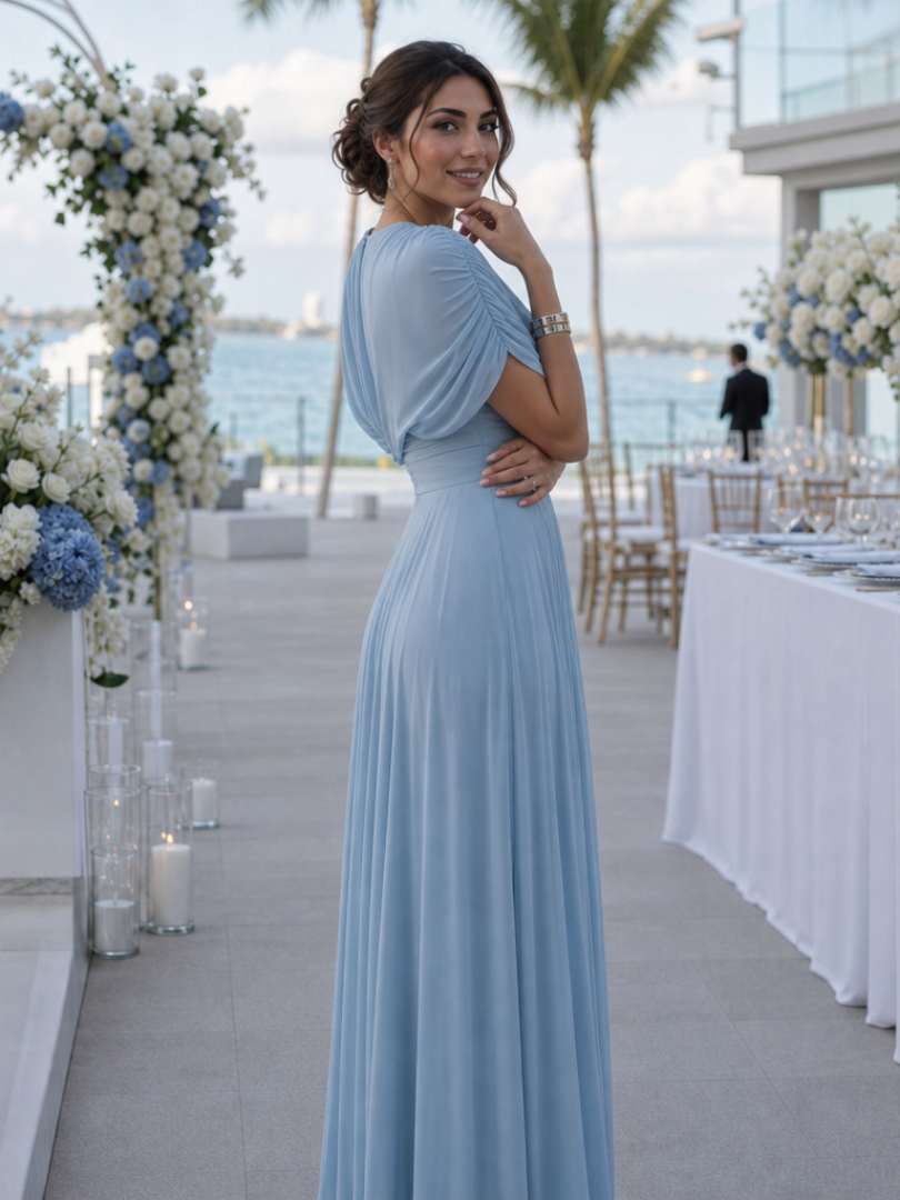 Sophisticated women's one-shoulder maxi dress featuring a gracefully draped bodice & flowing pleated skirt.