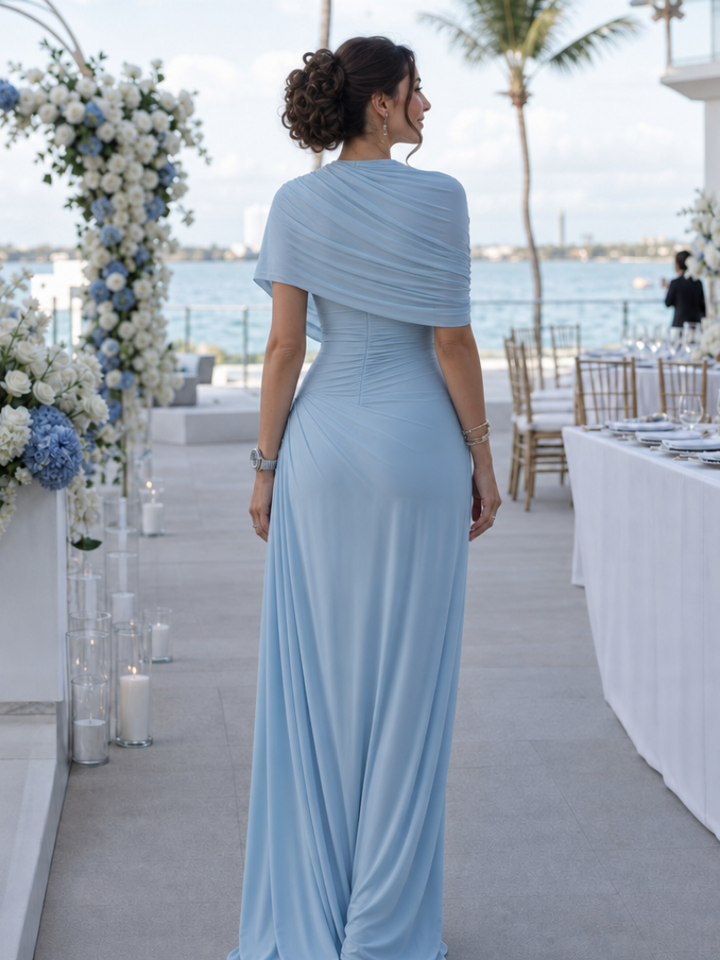 Comfortable blue one-shoulder maxi dress, a stylish and elegant choice for any formal occasion.