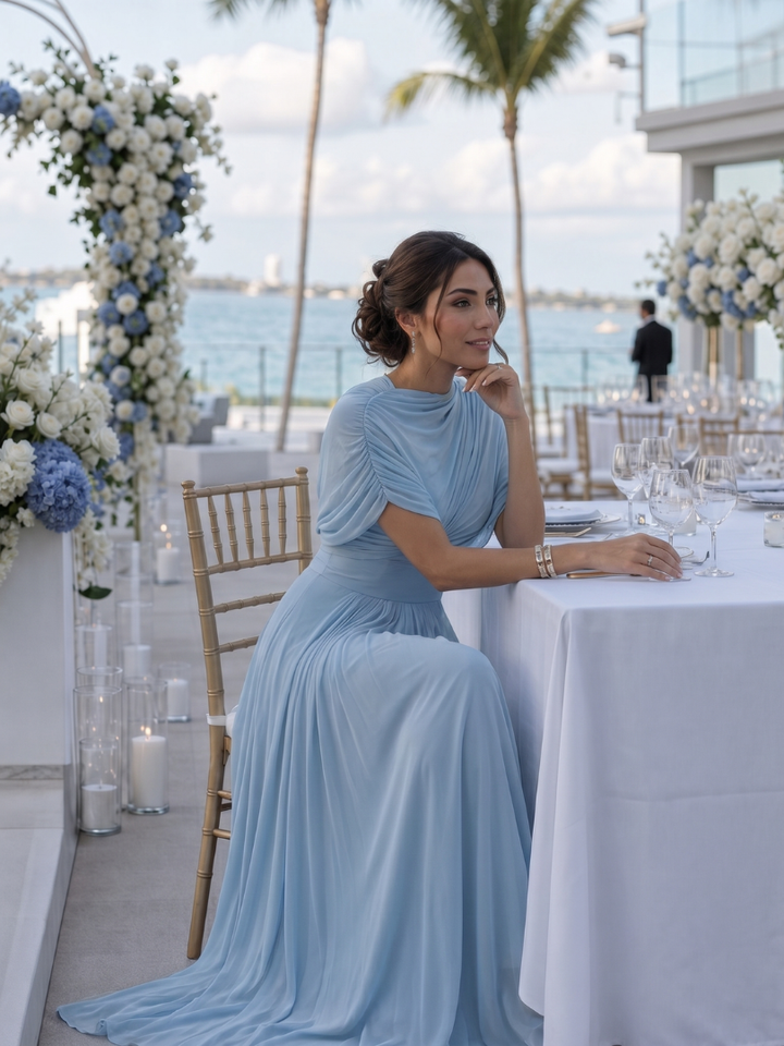 Stunning blue one-shoulder evening gown with draped bodice, perfect for parties and formal celebrations.