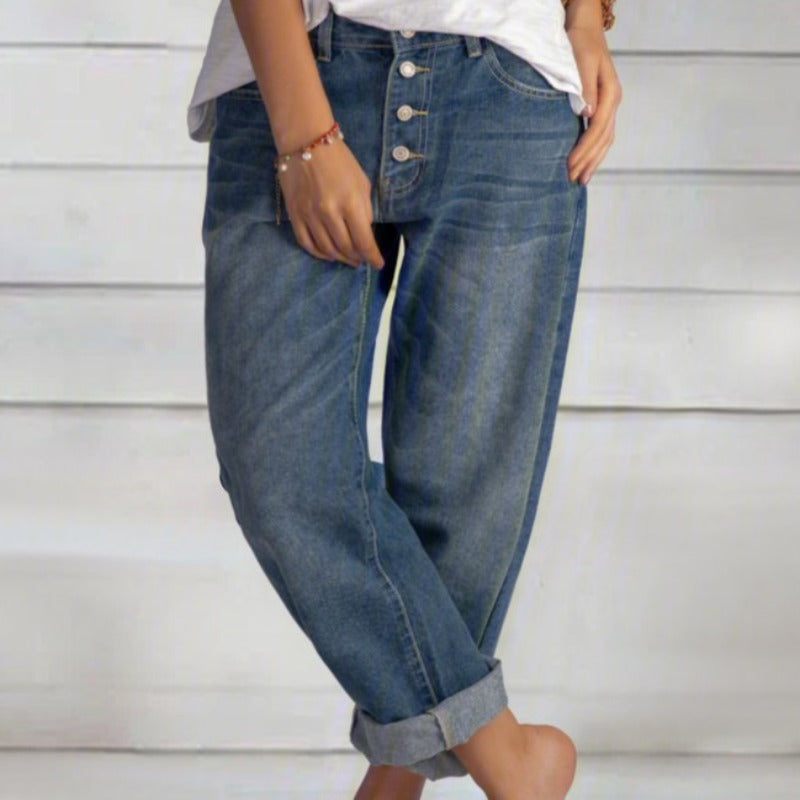 Women's blue relaxed fit boyfriend jeans offering effortless comfort for casual everyday style and versatile fashion.