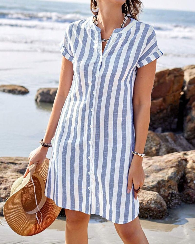Women's blue striped midi shirt dress with V-neck, perfect for casual summer style.