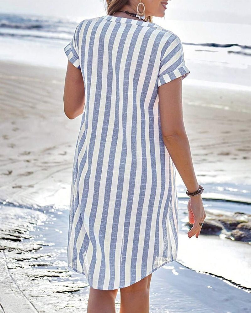 Effortless V-neck striped shirt dress for women, a timeless blue wardrobe staple.