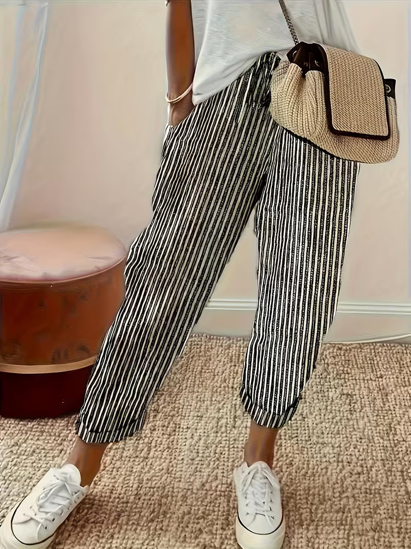 Effortless women's casual wide-leg striped trousers, featuring a comfortable relaxed fit for summer.