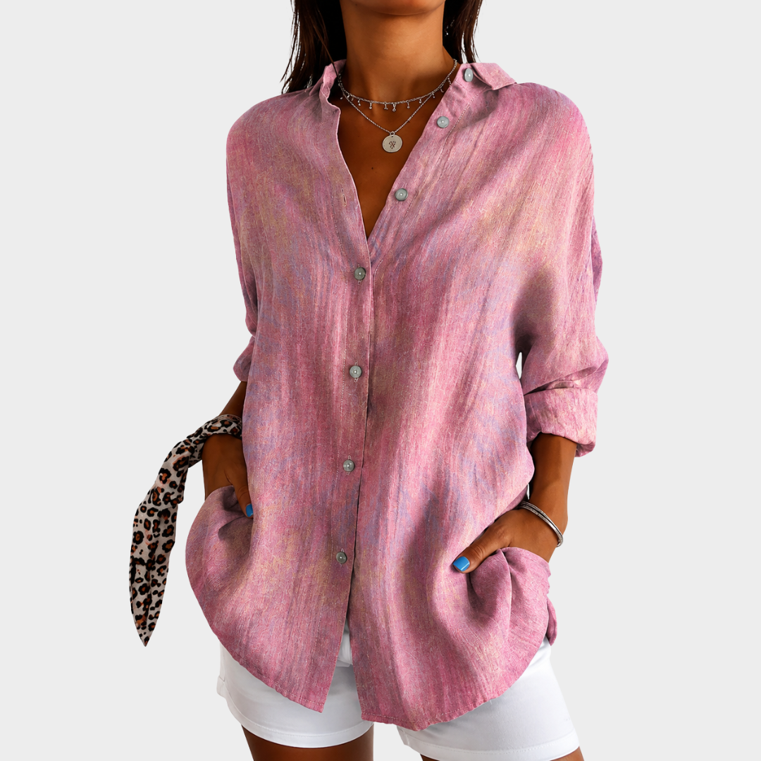 Women's blush everyday blouse; relaxed fit, comfortable, and flowy with a classic button front. Versatile casual chic top.