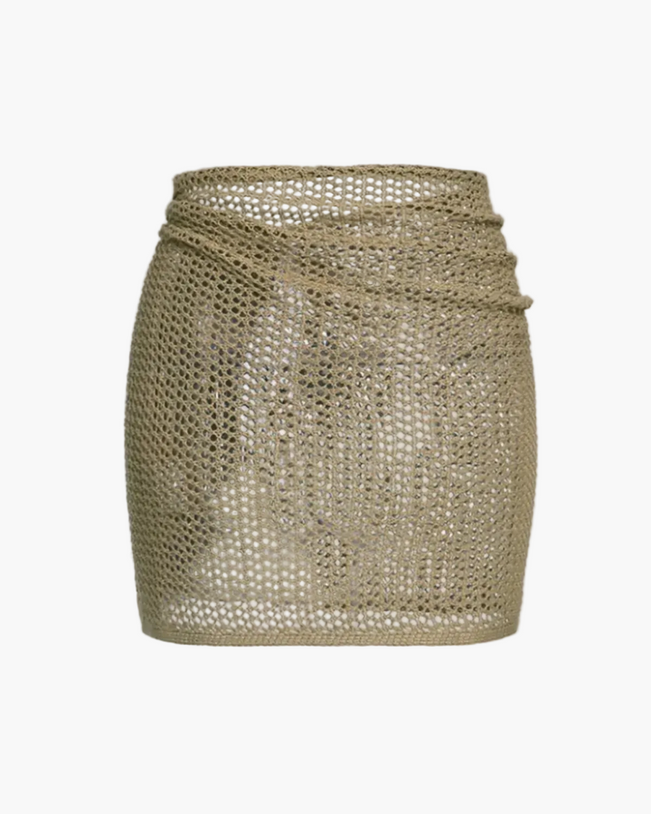 Bohemian women's mini wrap skirt beach cover-up with tie waist. Perfect for summer style or pool fashion.
