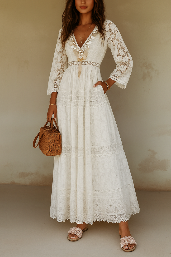 Elegant women's flowing maxi dress featuring a beautiful bohemian floral print, perfect for summer fashion & beachwear.