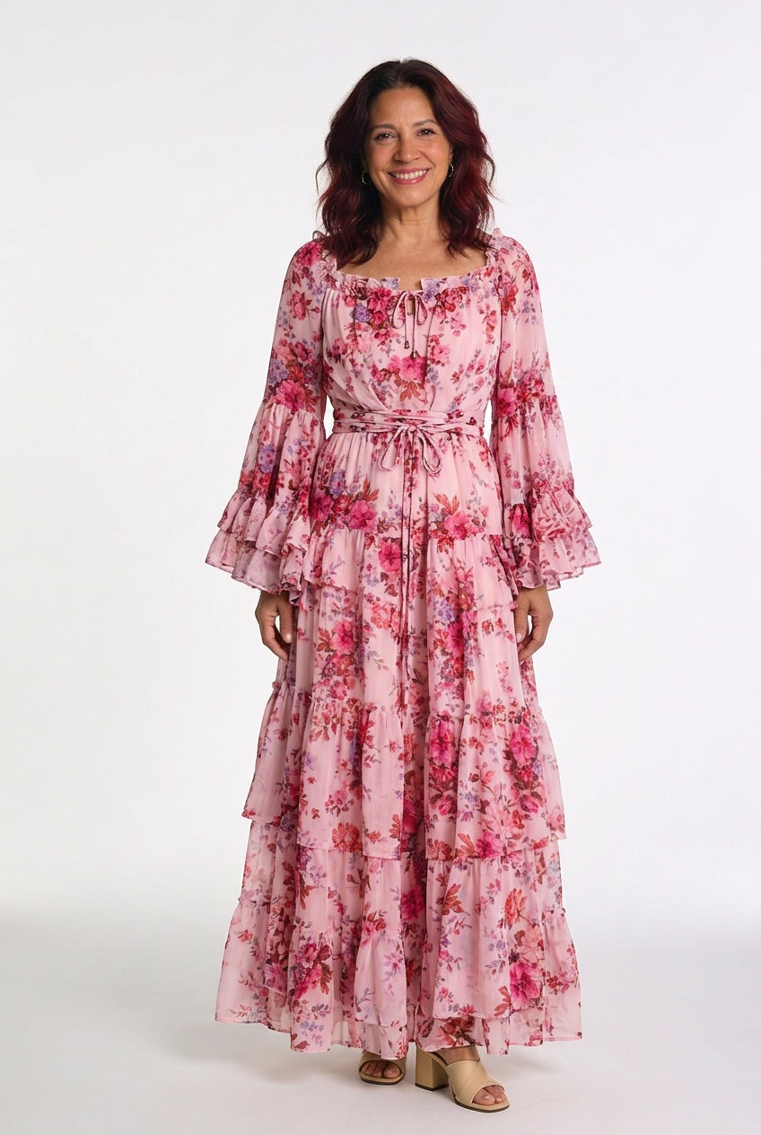 Women's Bohemian floral print maxi dress with ruffle bell sleeves & tie waist. Perfect summer fashion.