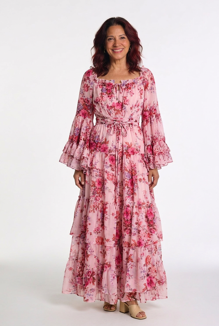 Women's Bohemian floral print maxi dress with ruffle bell sleeves & tie waist. Perfect summer fashion.