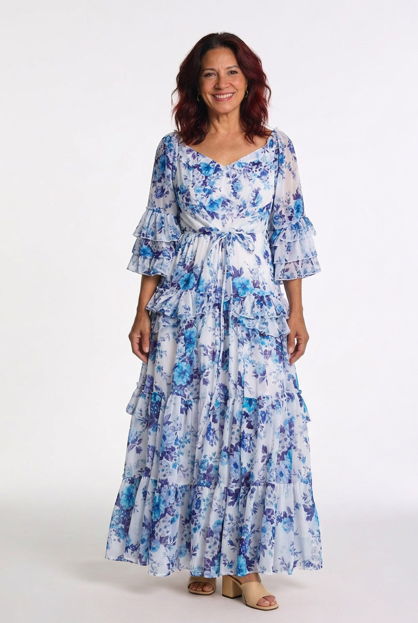 Summer women's maxi dress: Bohemian floral print, elegant ruffle bell sleeves & flattering tie waist.