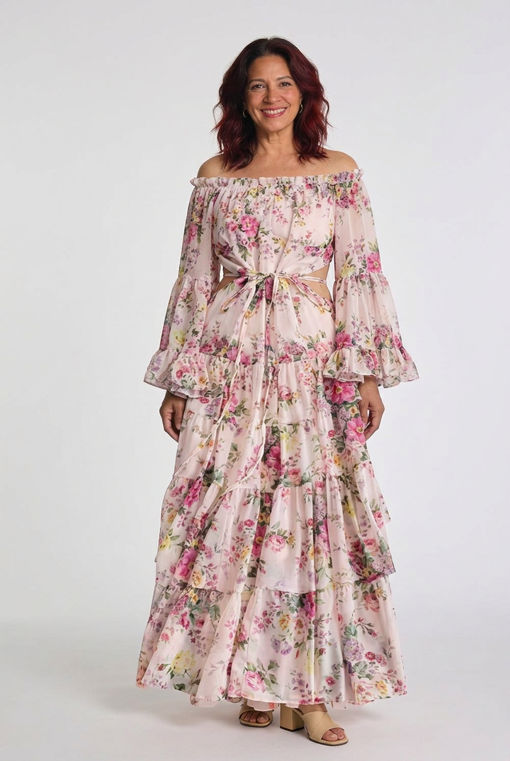 Chic women's bohemian maxi dress. Floral print, long ruffle bell sleeves, tie waist. One size fit.