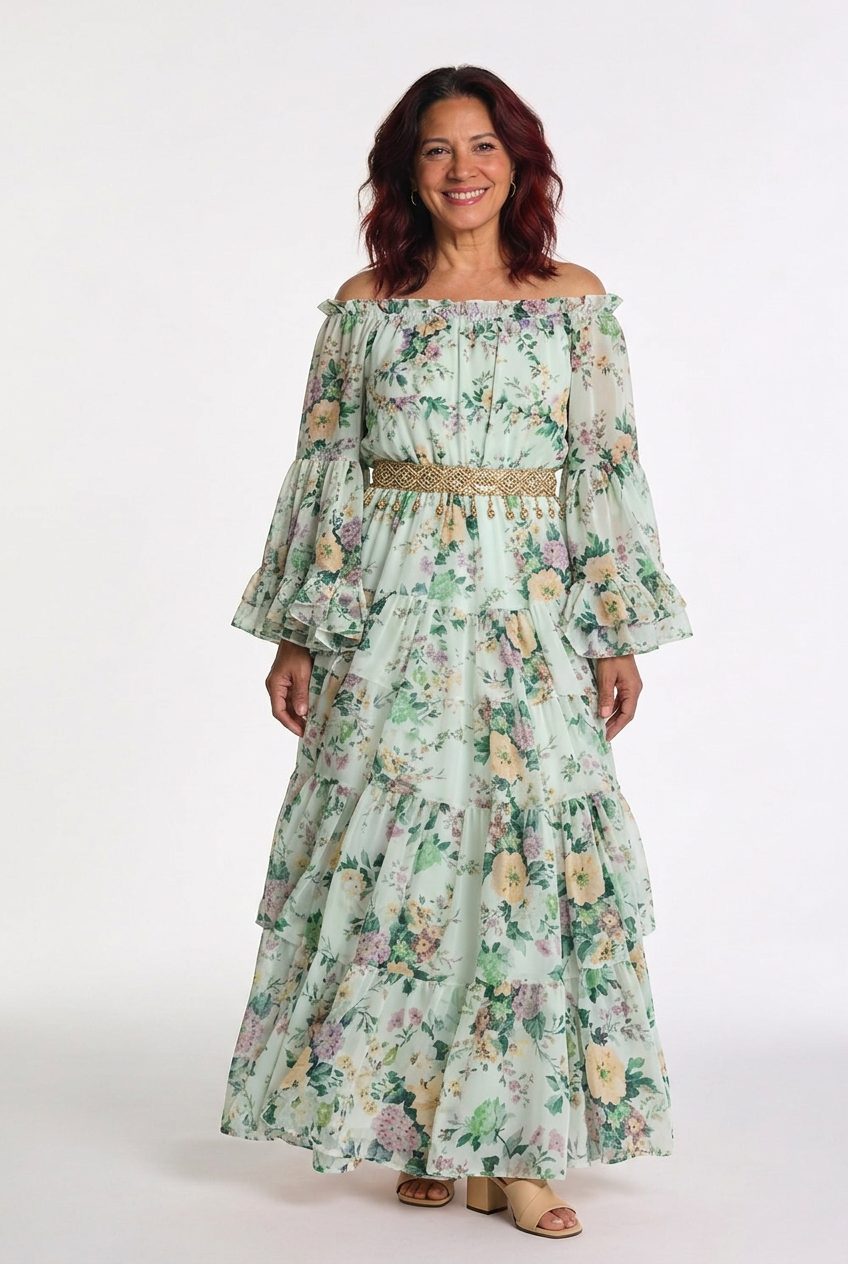 Flowy women's summer maxi dress. Bohemian floral print, graceful ruffle bell sleeves, and tie waist.
