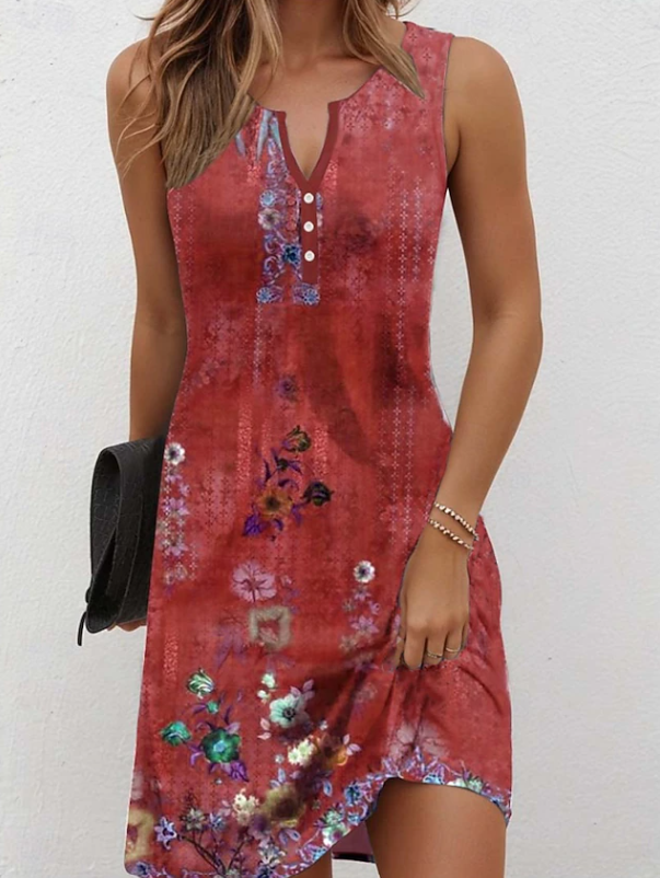 Flowy bohemian floral sleeveless tunic dress for women, ideal as a comfortable summer, beach, or vacation dress.