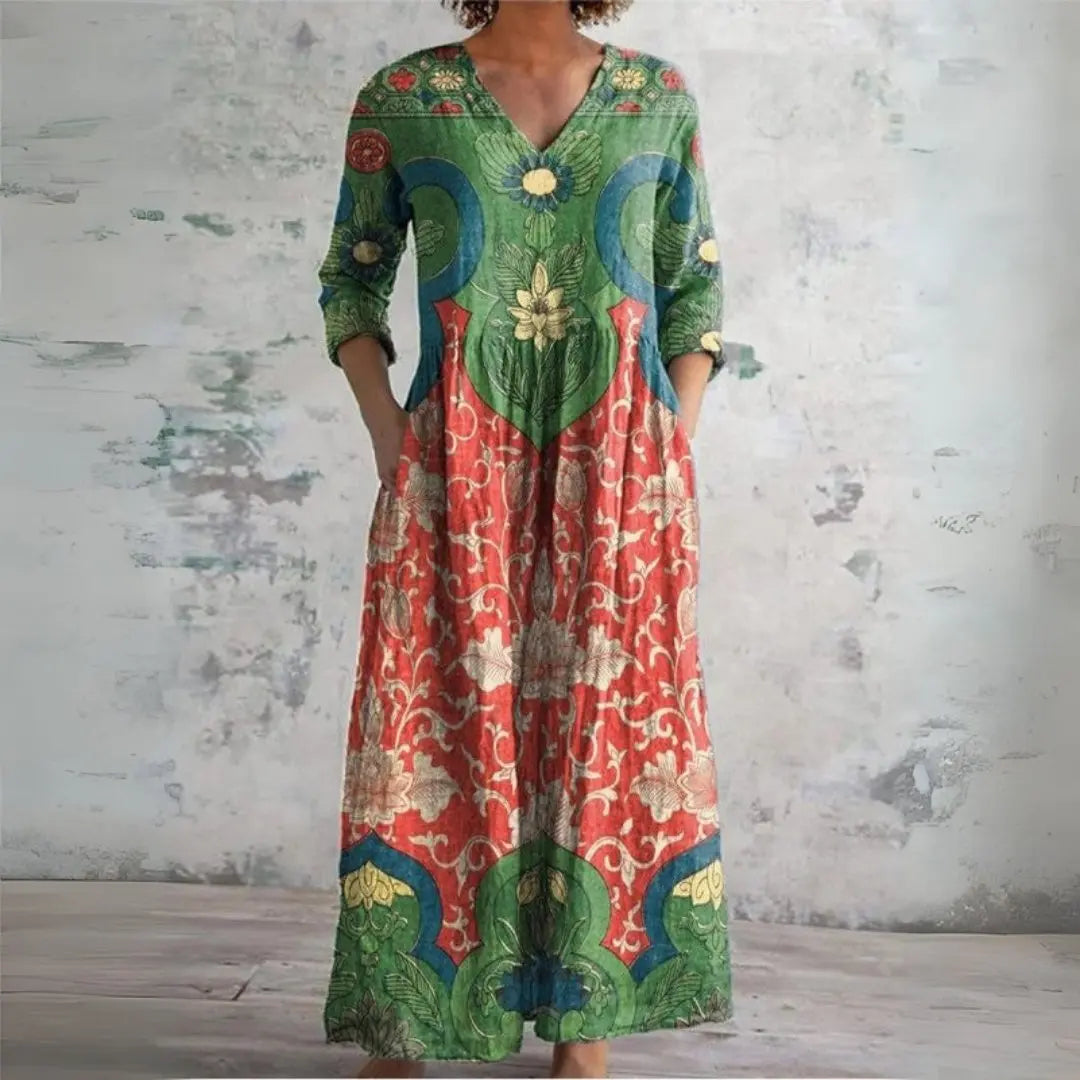 Women's bohemian floral V-neck maxi dress, perfect for summer casual wear or vacation. Flowy, long, ethnic print.