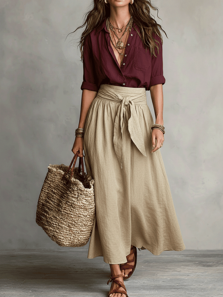Women's summer bohemian flowy skirt and top co-ord set, offering elegant resort wear style.