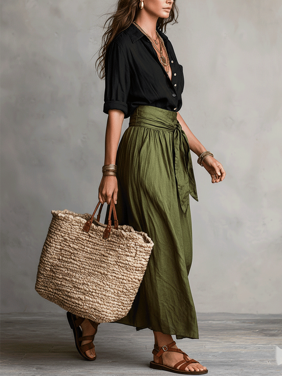 Chic women's two-piece bohemian skirt set, a versatile flowy co-ord for holidays and casual summer fashion.