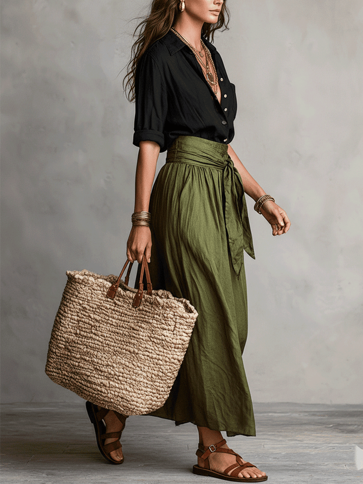 Chic women's two-piece bohemian skirt set, a versatile flowy co-ord for holidays and casual summer fashion.