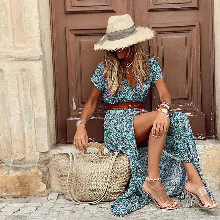 Graceful women's boho maxi dress with gathered waist, offering ultimate summer comfort and chic fashion.