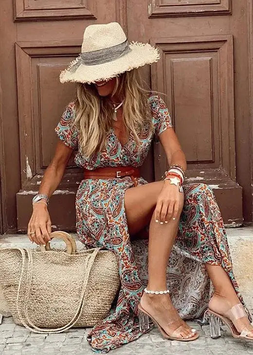Elegant women's summer bohemian maxi dress with a flattering gathered waist, perfect for comfortable wear.