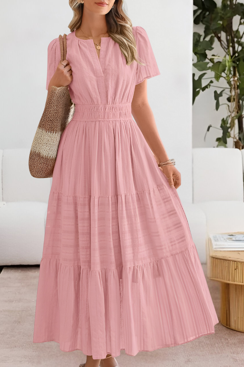 Versatile women's short sleeve midi dress, bohemian style, with a comfortable smocked top for casual wear.