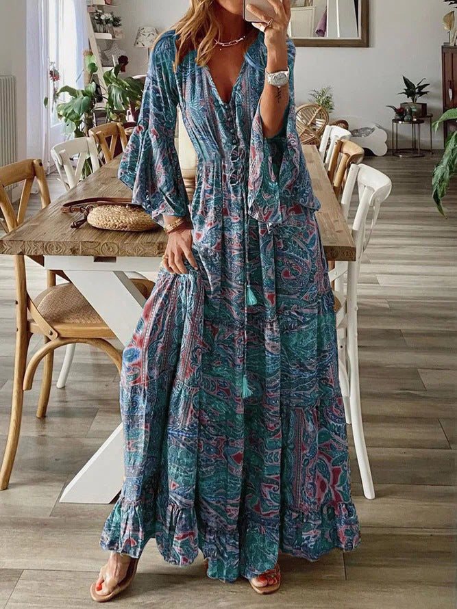 Flowy Bohemian paisley maxi dress for women, ideal for elegant casual outings and summer events.