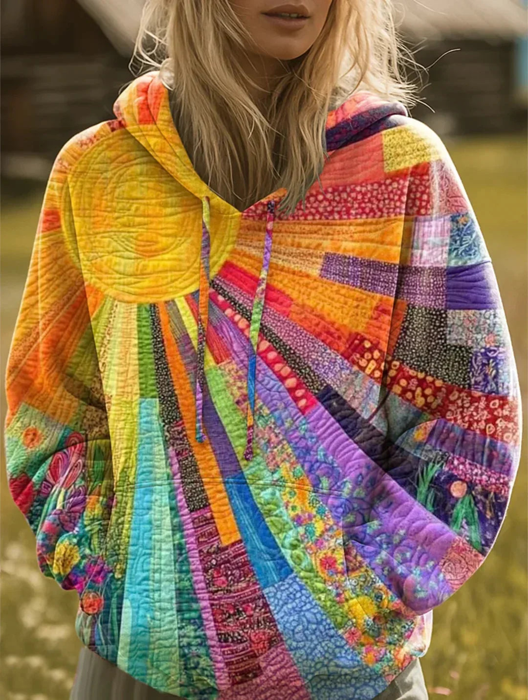 Women's bohemian patchwork hoodie, vibrant multicolor design, oversized & comfortable, perfect for casual streetwear.