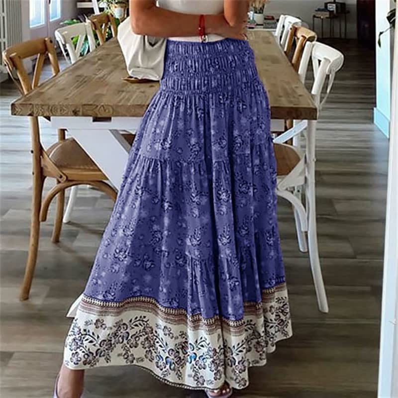 Printed flowing midi skirt, women's bohemian tiered style with an elastic waist, perfect for summer casual.