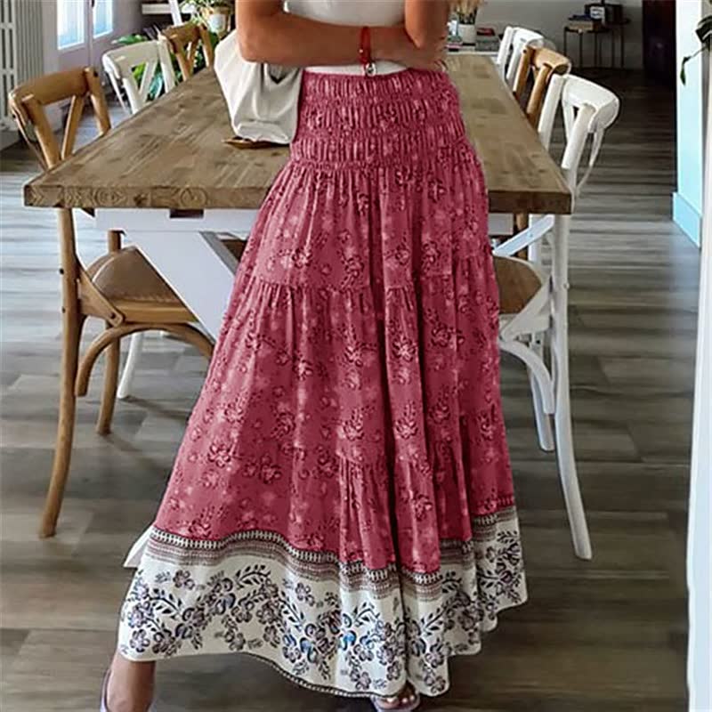 Women's summer bohemian tiered midi skirt, flowing design with a comfortable elastic waist. Casual fashion.