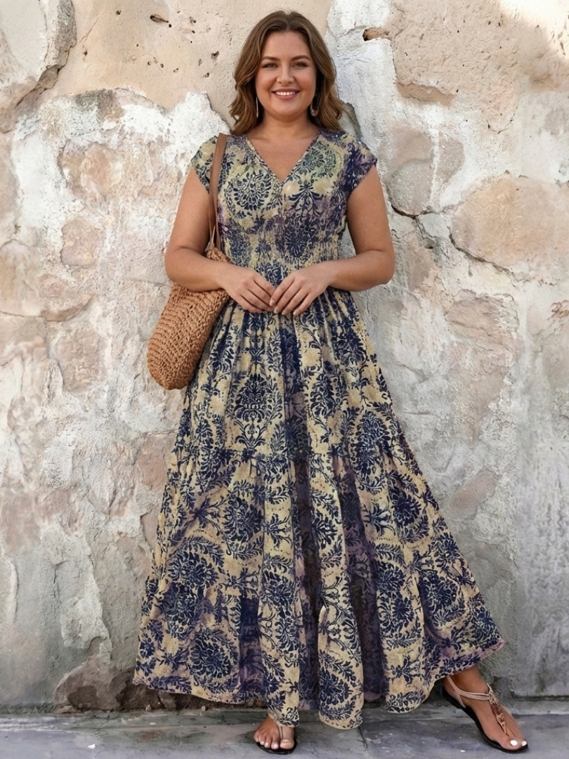 Flowy bohemian tiered maxi dress for women, featuring a stylish V-neck and cap sleeves, ideal for vacation.