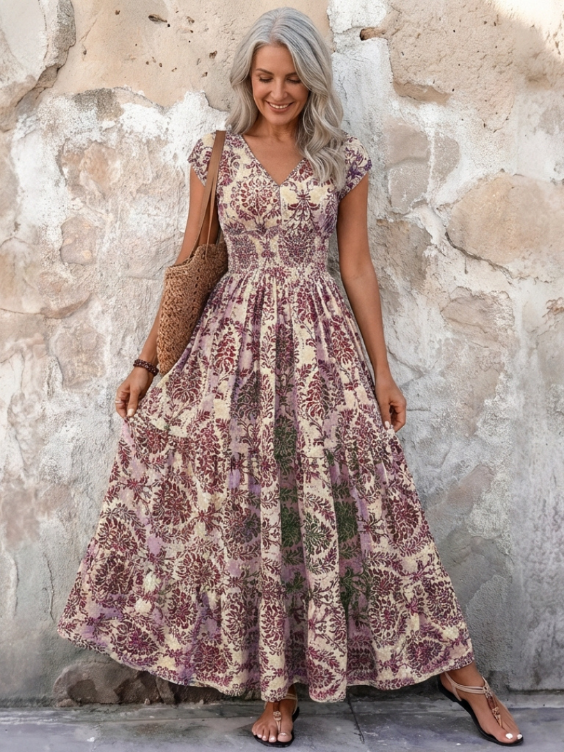 Stylish women's bohemian cap sleeve V-neck maxi dress, perfect as a beach dress or for warm weather events.