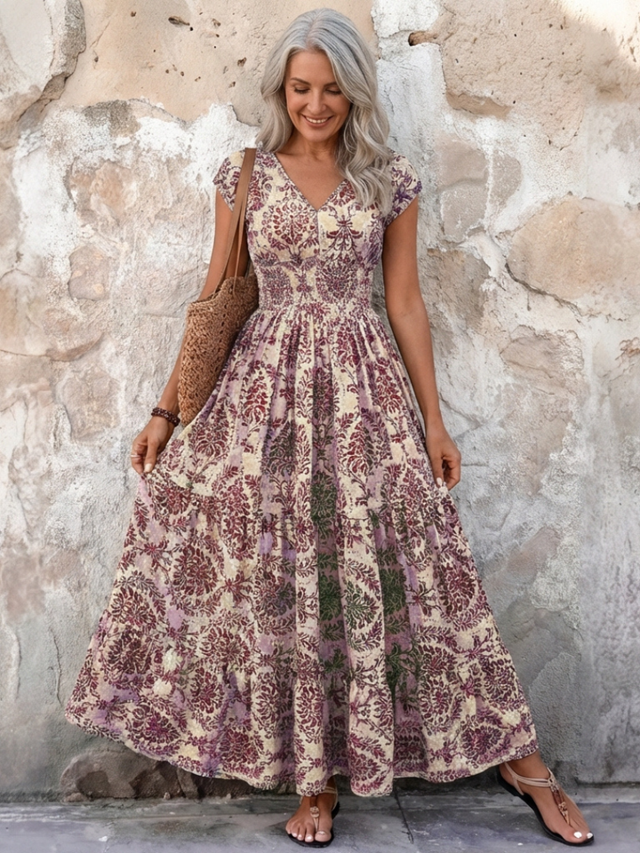 Stylish women's bohemian cap sleeve V-neck maxi dress, perfect as a beach dress or for warm weather events.